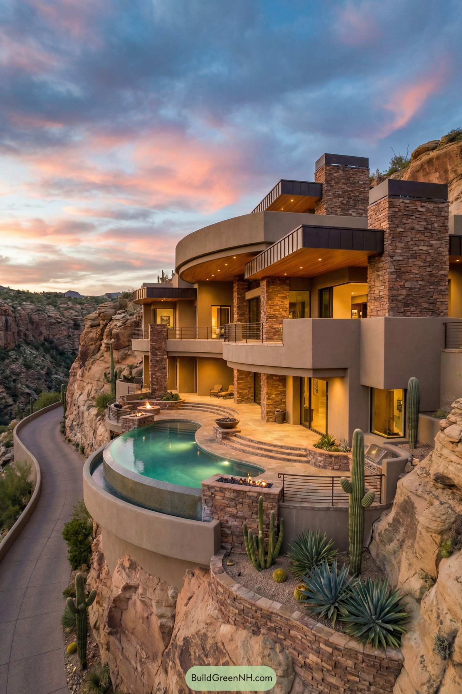 A cream-stone luxury residence at golden hour